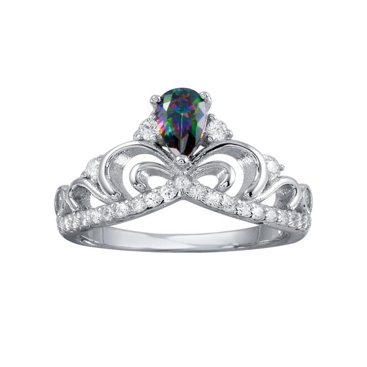 Rhodium Plated 925 Sterling Silver Crown Mystic Topaz CZ Band Ring Sizes 5-9