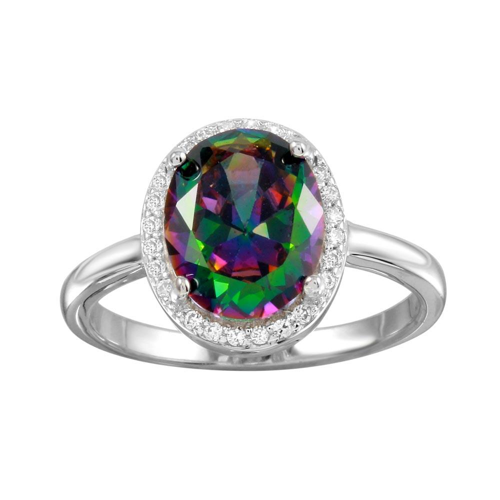 Rhodium Plated 925 Sterling Silver Oval Halo Mystic Topaz CZ Ring Sizes 5-9