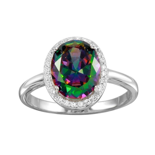 Rhodium Plated 925 Sterling Silver Oval Halo Mystic Topaz CZ Ring Sizes 5-9