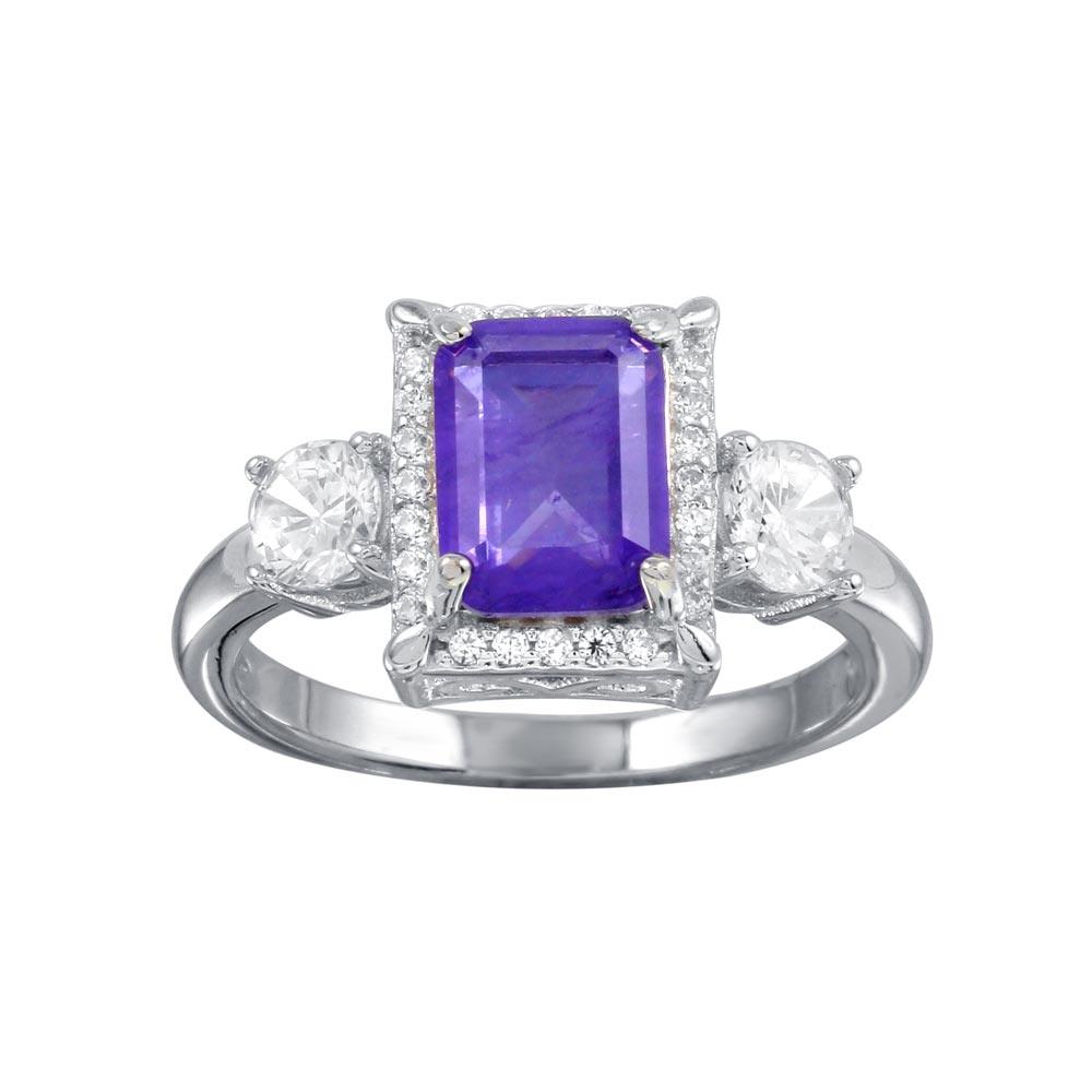 Rhodium Plated 925 Sterling Silver Purple Center Halo CZ Ring Band Sizes 5-9