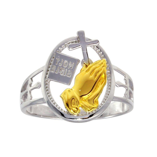 Gold Plated Sterling Silver 925 Praying Hand Cross Christian Love Ring Sizes 5-9