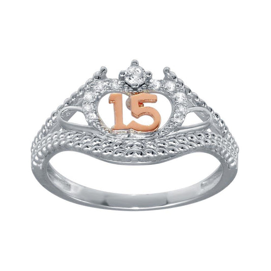 Rhodium Plated 925 Sterling Silver CZ Quinceanera Crown Love Ring Sizes 5-9