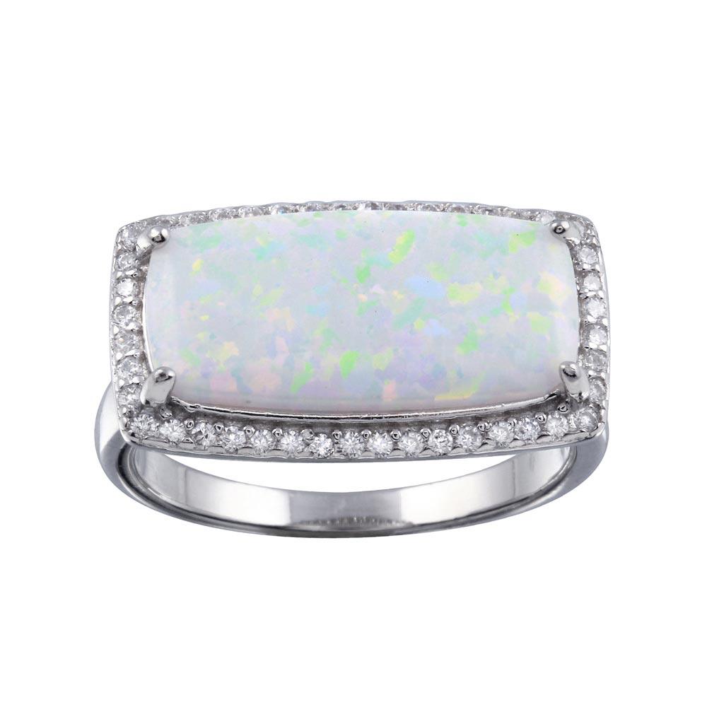 Rhodium Plated 925 Sterling Silver Rectangular Synthetic Opal Ring CZ Sizes 5-9