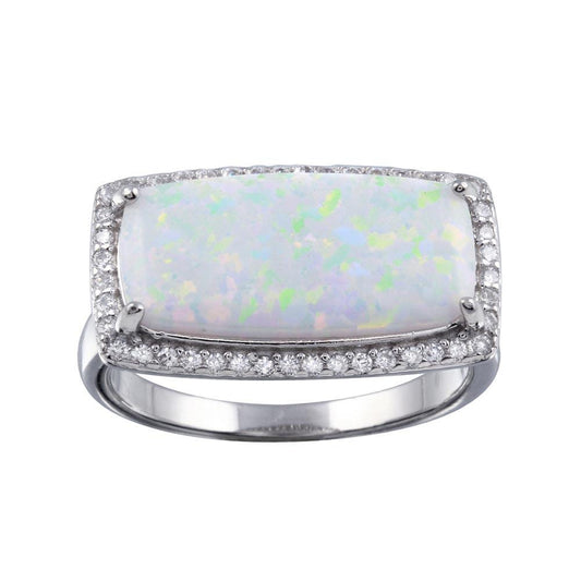 Rhodium Plated 925 Sterling Silver Rectangular Synthetic Opal Ring CZ Sizes 5-9