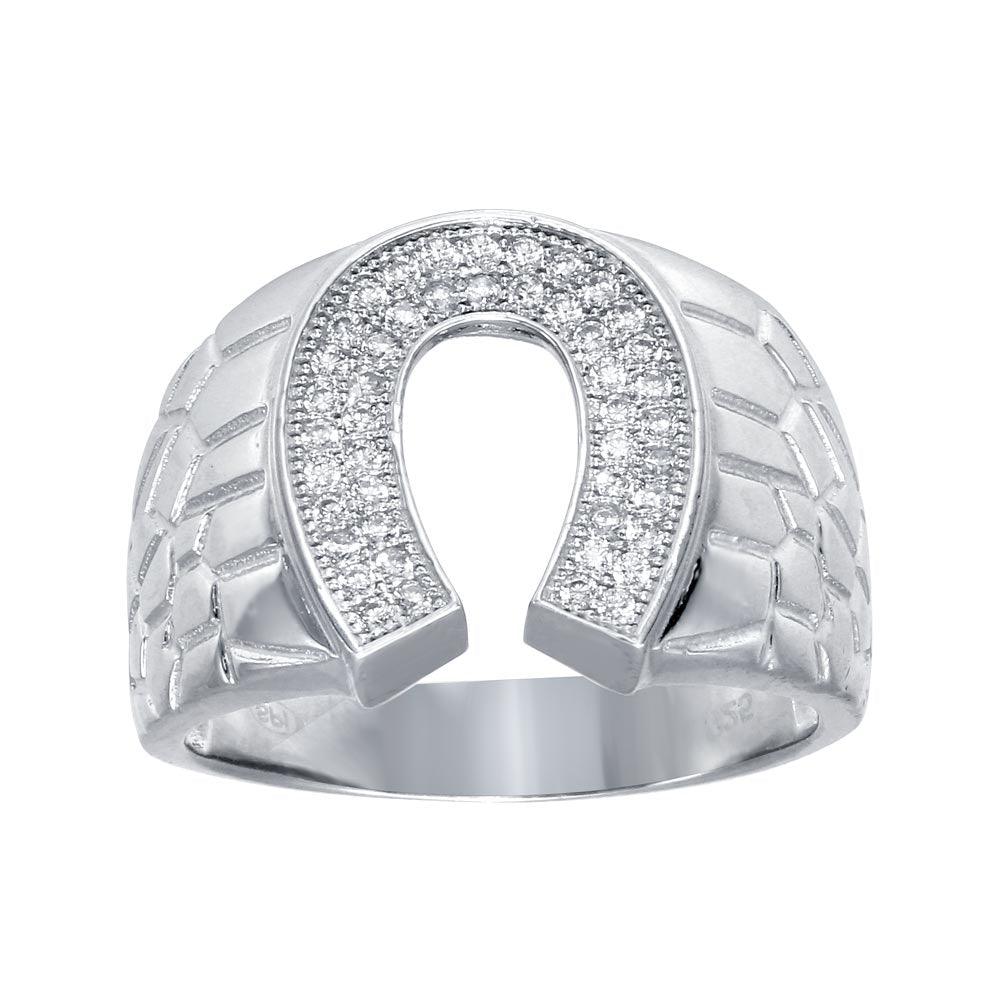 Rhodium Plated 925 Sterling Silver Men's Lucky Horse Shoe CZ Ring Sizes 9-12
