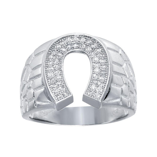 Rhodium Plated 925 Sterling Silver Men's Lucky Horse Shoe CZ Ring Sizes 9-12