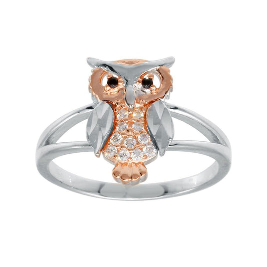 Rose Gold Plated Sterling Silver 925 CZ Diamond-Cut Two-Tone Owl Ring Sizes 5-9