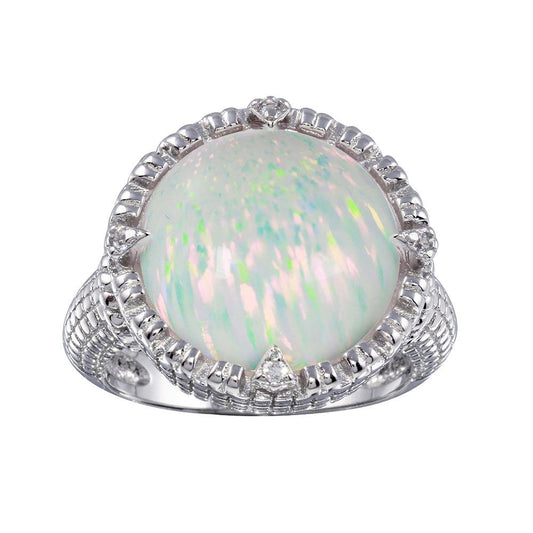 Rhodium Plated 925 Sterling Silver Round Synthetic Opal Ring with CZ Sizes 5-9