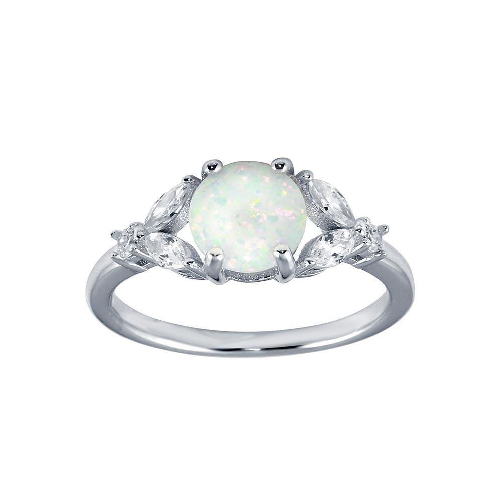 Rhodium Plated 925 Sterling Silver Flower Shank Synthetic Opal Ring CZ Sizes 5-9