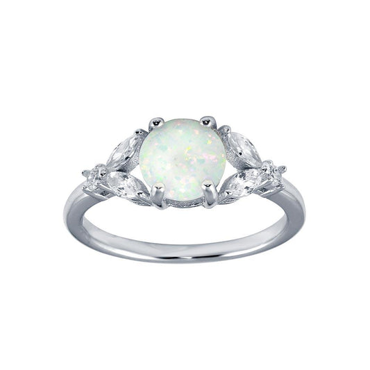 Rhodium Plated 925 Sterling Silver Flower Shank Synthetic Opal Ring CZ Sizes 5-9
