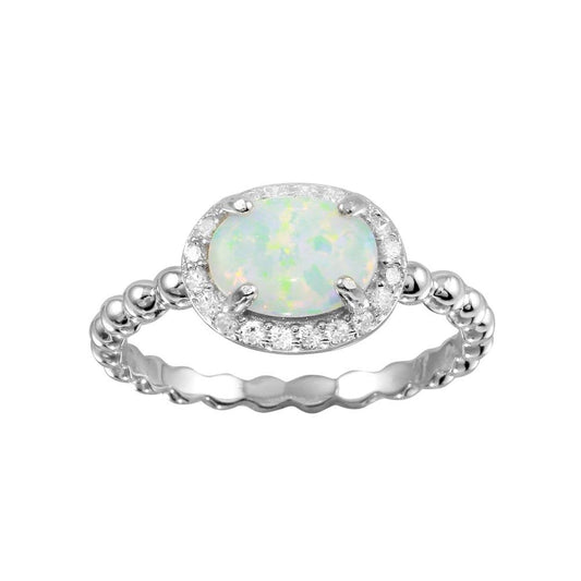 Rhodium Plated 925 Sterling Silver Oval Halo Synthetic Opal CZ Ring Sizes 5-9