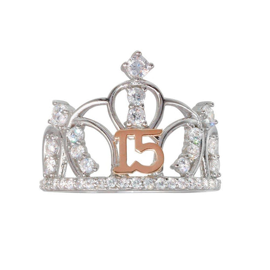 Rose Gold Plated Sterling Silver 925 CZ Quinceanera Crown Ring Band Sizes 5-9