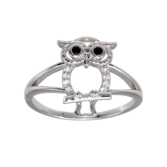 Rhodium Plated 925 Sterling Silver Owl Polished Clear & Black CZ Ring Sizes 5-9