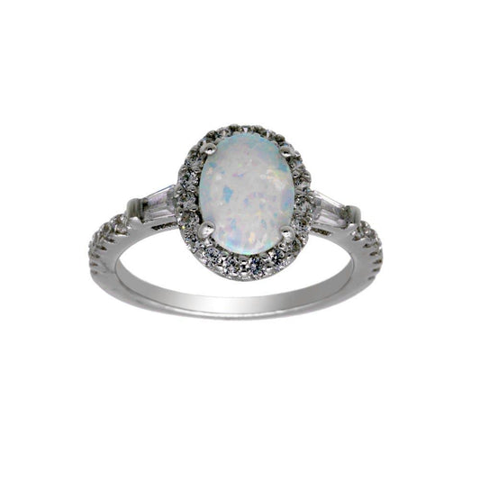 Rhodium Plated 925 Sterling Silver Oval Halo Synthetic Opal CZ Ring Sizes 5-9