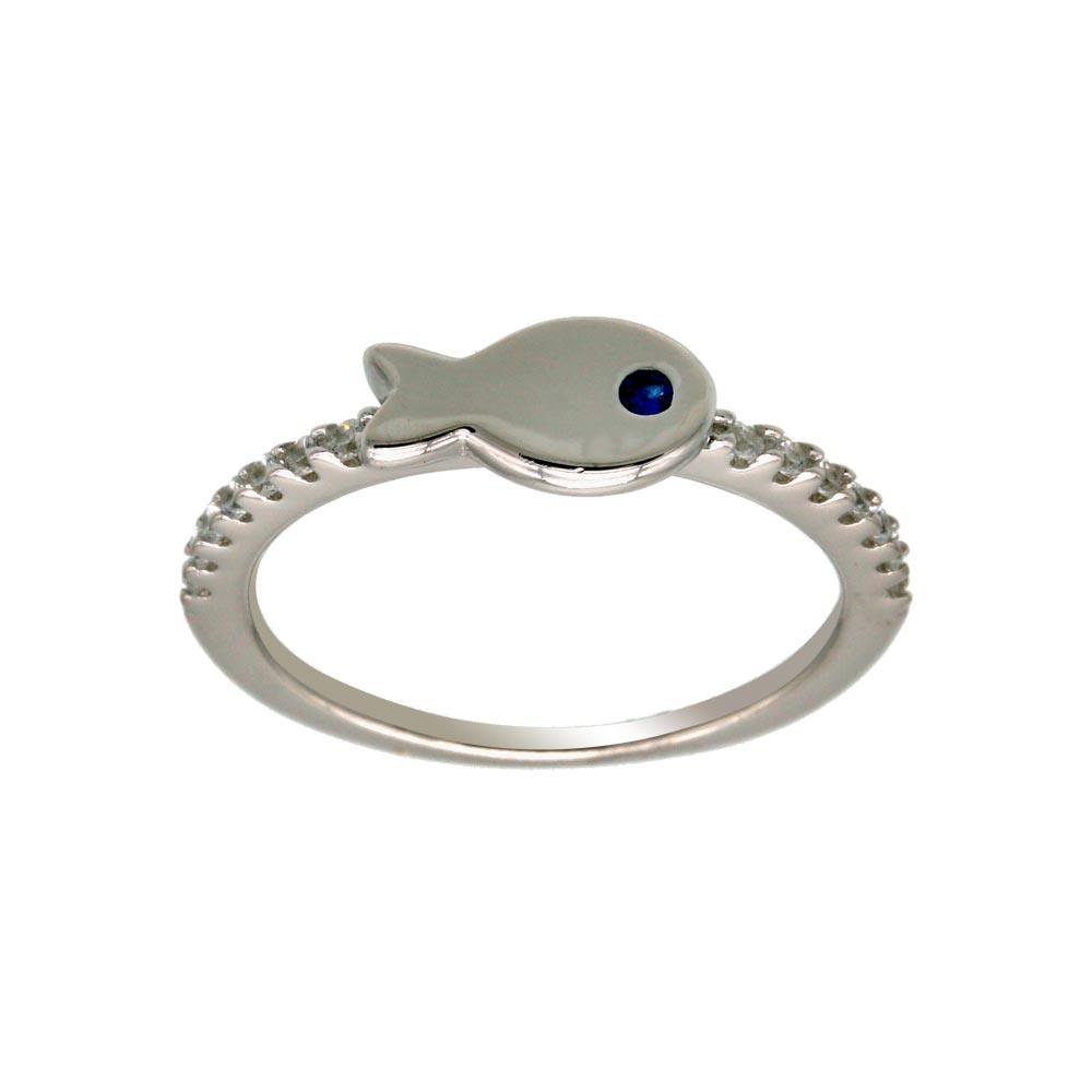 Rhodium Plated 925 Sterling Silver Fish Ring Clear & Blue CZ Shank Sizes 5-9