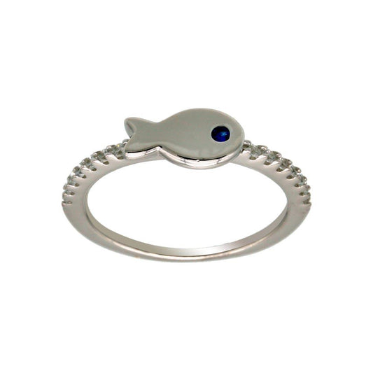 Rhodium Plated 925 Sterling Silver Fish Ring Clear & Blue CZ Shank Sizes 5-9