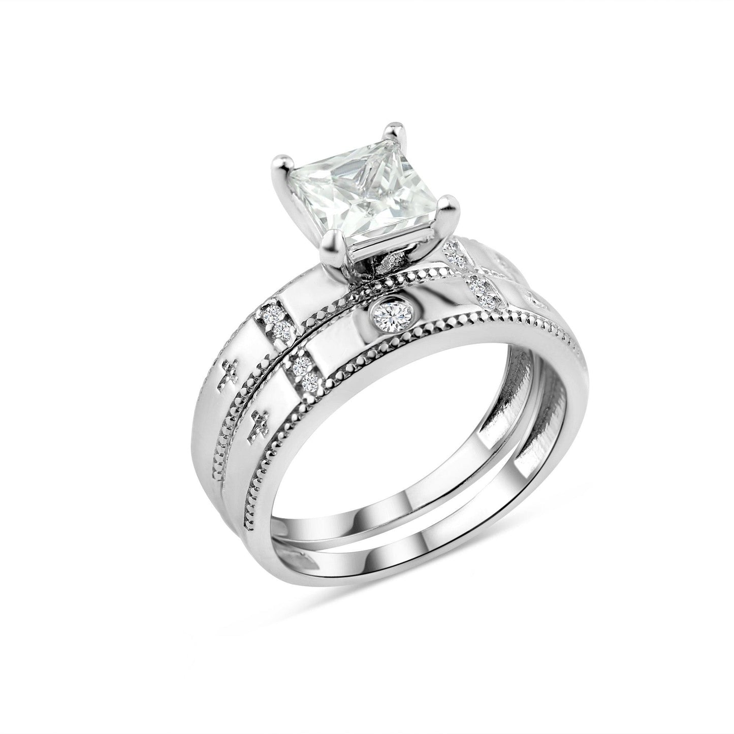 Rhodium Plated 925 Sterling Silver Square CZ Cross Shank Ring Band Sizes 5-9