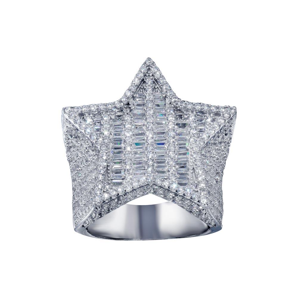 Rhodium Plated 925 Sterling Silver Clear CZ Encrusted Star Ring Band Sizes 8-12