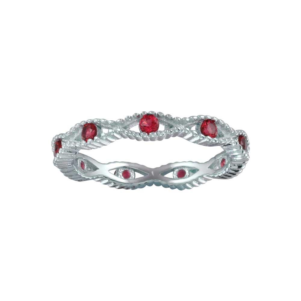 Rhodium Plated 925 Sterling Silver Intersecting Waves Red CZ Ring Sizes 5-9