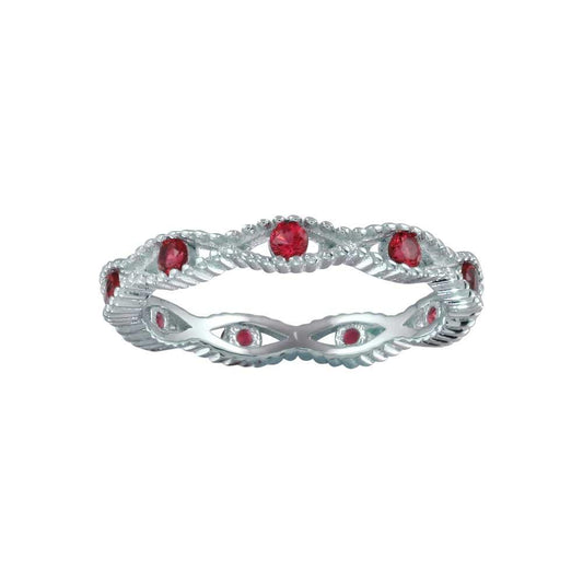 Rhodium Plated 925 Sterling Silver Intersecting Waves Red CZ Ring Sizes 5-9