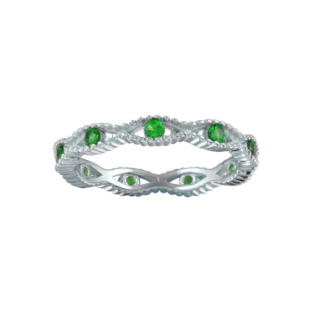 Rhodium Plated 925 Sterling Silver Intersecting Waves Green CZ Ring Sizes 5-9