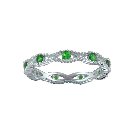 Rhodium Plated 925 Sterling Silver Intersecting Waves Green CZ Ring Sizes 5-9