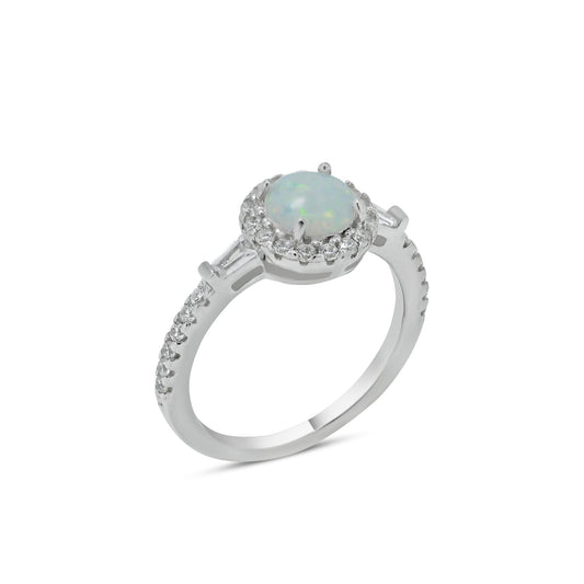Rhodium Plated 925 Sterling Silver Round Halo Synthetic Opal CZ Ring Sizes 5-9