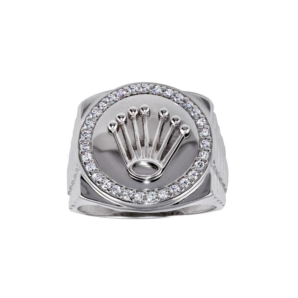 High Polished Rhodium Plated 925 Sterling Silver Crown CZ Ring Band Sizes 8-12