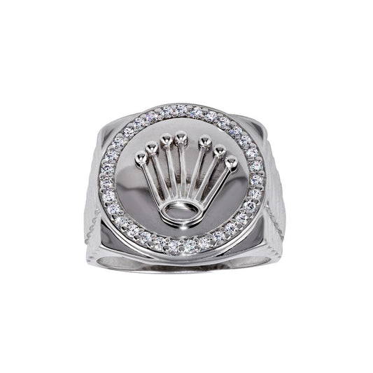 High Polished Rhodium Plated 925 Sterling Silver Crown CZ Ring Band Sizes 8-12