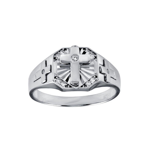 Rhodium Plated 925 Sterling Silver Christian Cross CZ Ring Band Sizes 9-12