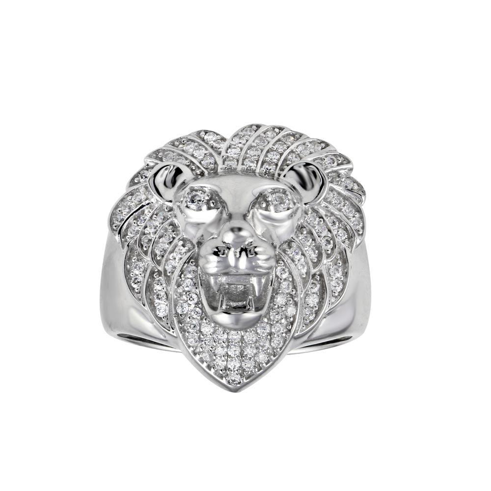 Polished Rhodium Plated 925 Sterling Silver Lion Clear CZ Ring Band Sizes 8-12