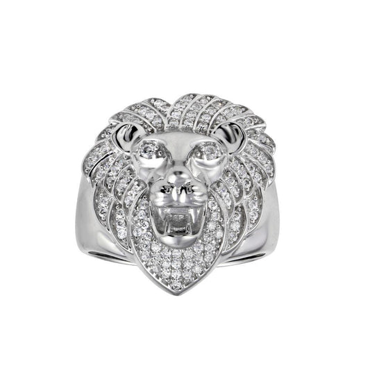 Polished Rhodium Plated 925 Sterling Silver Lion Clear CZ Ring Band Sizes 8-12