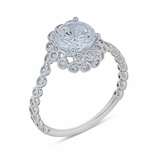 Sterling Silver 925 Rhodium Plated Bubble Shank Round Clear CZ Ring Sizes 5-9