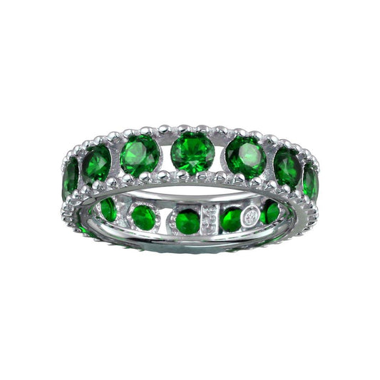 Polished Rhodium Plated 925 Sterling Silver Ring Round Green CZ Band Sizes 5-9
