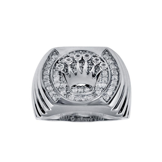 Rhodium Plated 925 Polished Sterling Silver Crown Clear CZ Ring Band Sizes 8-12