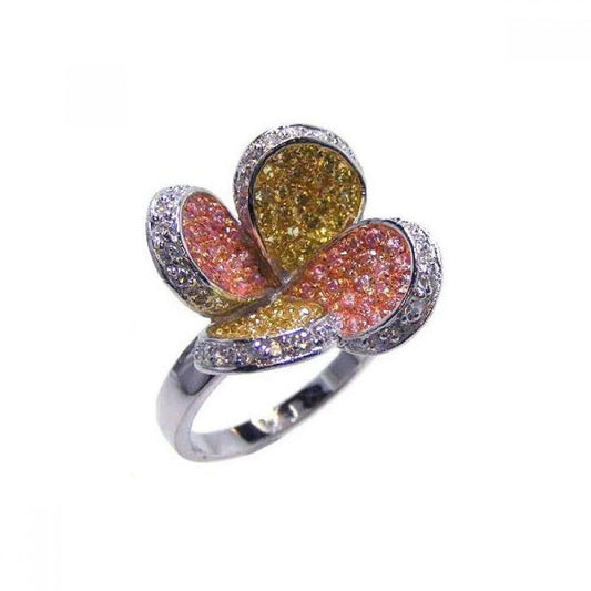 925 Gold Plated Sterling Silver Three Toned Multi-Color CZ Flower Ring Sizes 5-9