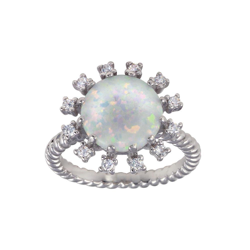 Rhodium Plated 925 Sterling Silver Round Flower Synthetic Opal Ring Sizes 5-9