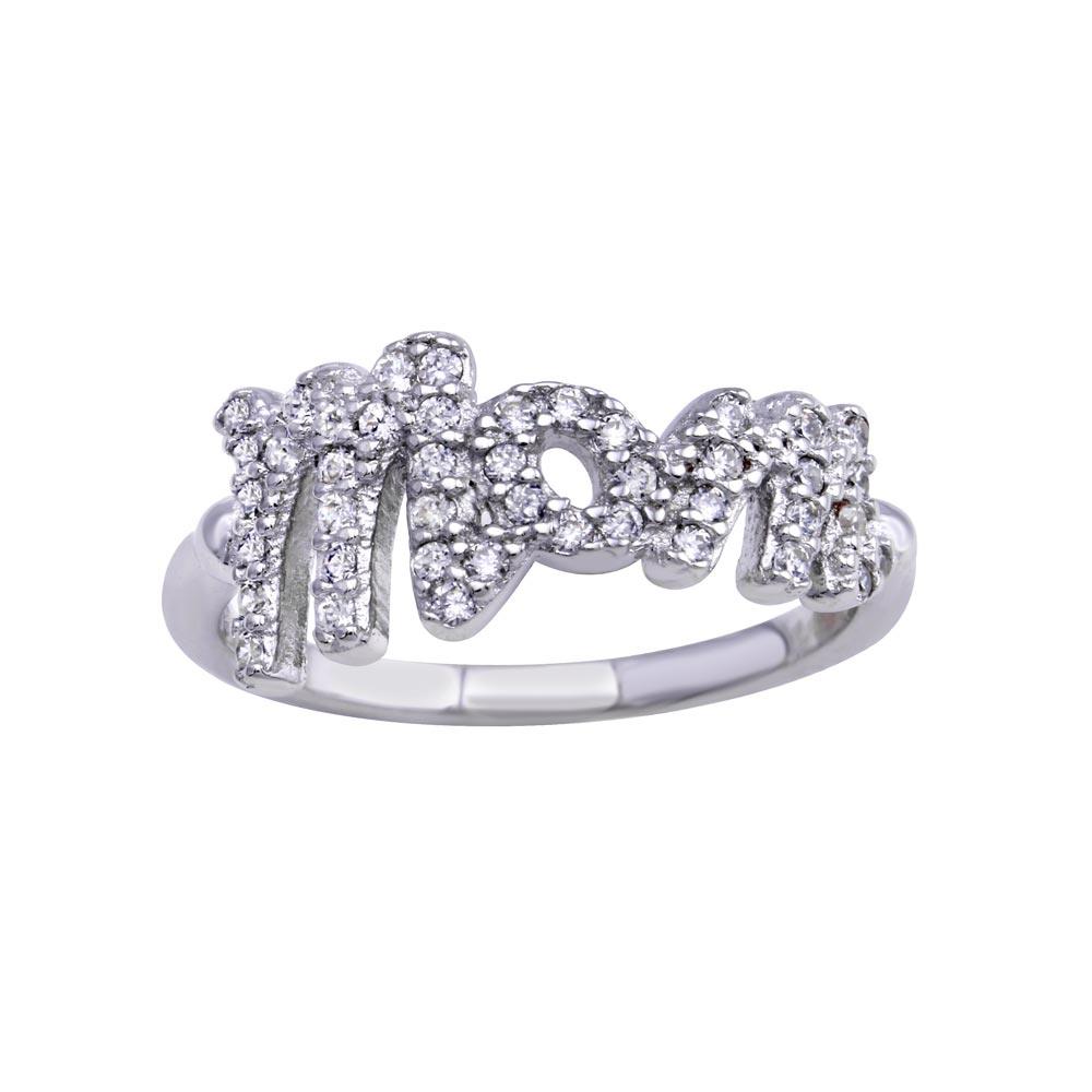 Rhodium Plated Polished 925 Sterling Silver Clear CZ Mom Ring Band Sizes 5-9