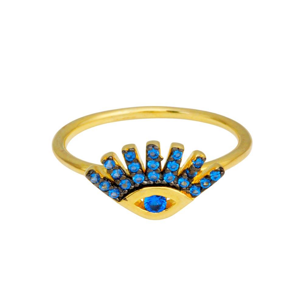 Gold Plated High Polished 925 Sterling Silver Blue CZ Eye Ring Band Sizes 5-9