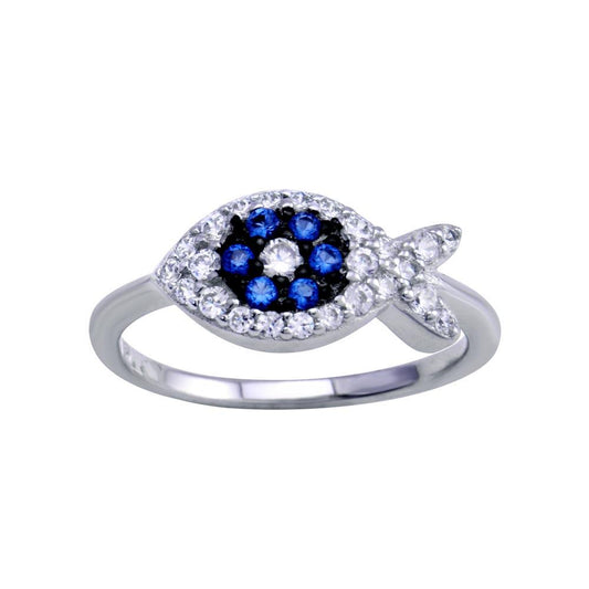 Rhodium Plated 925 Sterling Silver Blue CZ Christian Fish Ichthys Ring Sizes 5-9