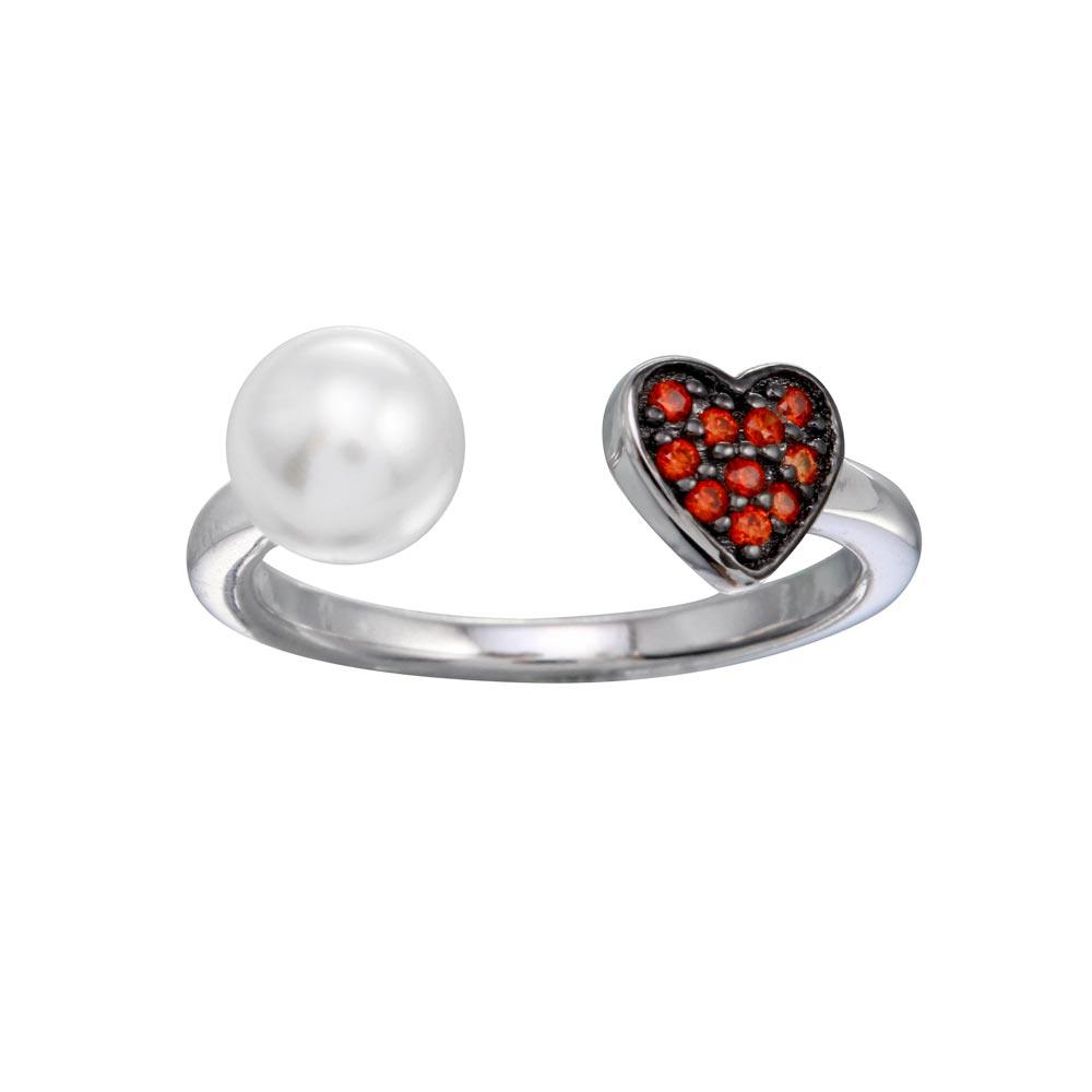 925 Rhodium Plated Sterling Silver Simulated Pearl CZ Heart Ring Band Sizes 5-9
