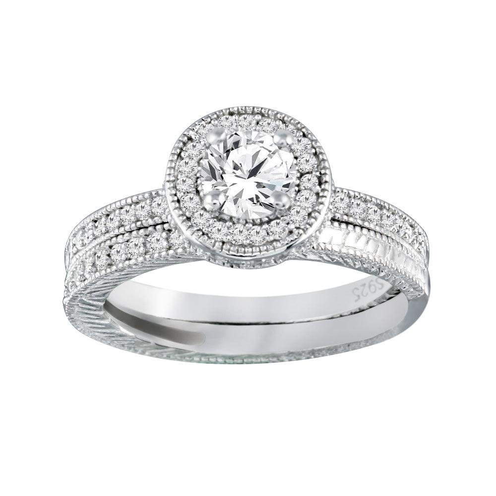 925 Sterling Silver Rhodium Plated Micro Pave CZ Engagement Ring Set Sizes 5-9
