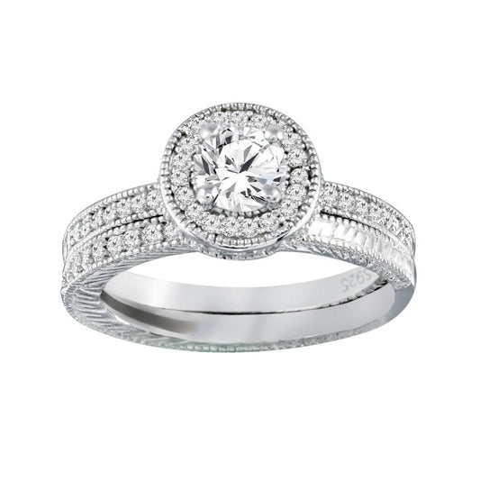 925 Sterling Silver Rhodium Plated Micro Pave CZ Engagement Ring Set Sizes 5-9