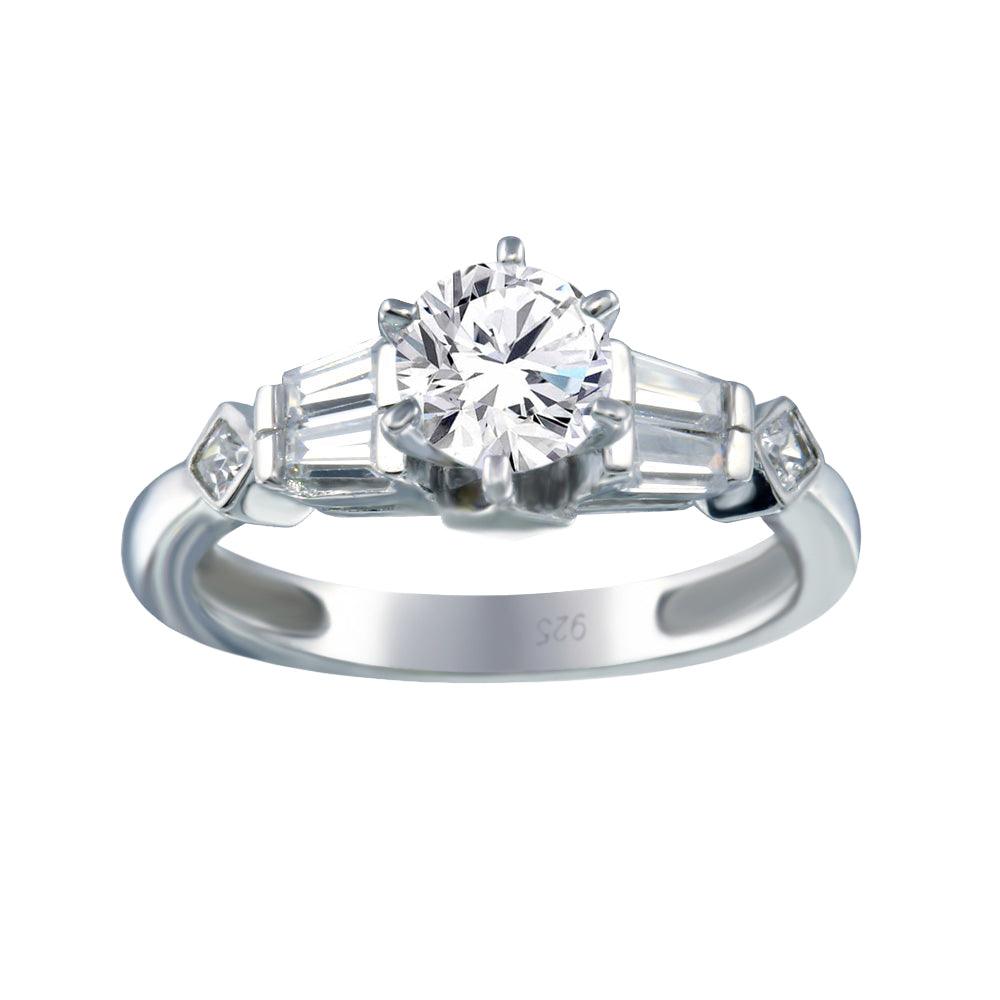Rhodium Plated 925 Sterling Silver Clear Baguette Round CZ Ring Band Sizes 5-9