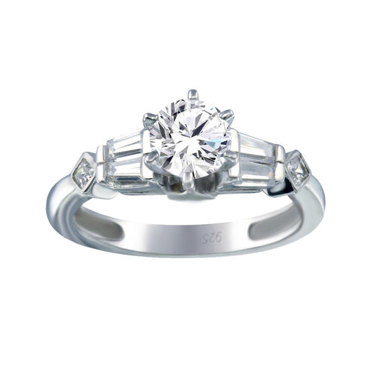 Rhodium Plated 925 Sterling Silver Clear Baguette Round CZ Ring Band Sizes 5-9