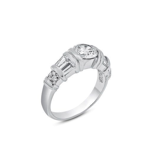 Rhodium Plated 925 Sterling Silver Clear Baguette Round CZ Ring Band Sizes 5-9