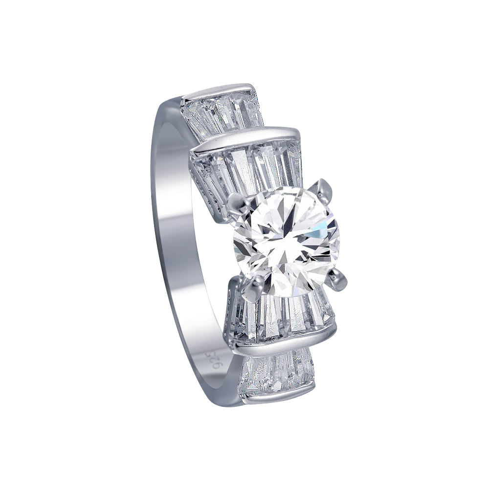 Rhodium Plated 925 Sterling Silver Clear Baguette Round CZ Bridal Ring Sizes 5-9