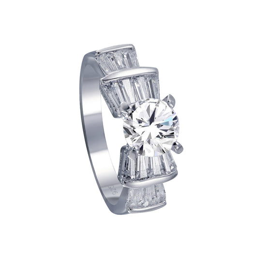 Rhodium Plated 925 Sterling Silver Clear Baguette Round CZ Bridal Ring Sizes 5-9