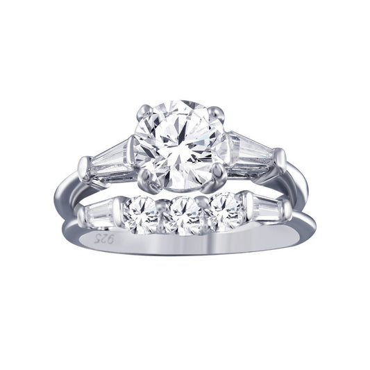 Rhodium Plated 925 Sterling Silver Clear Baguette CZ Bridal Ring Set Sizes 5-9