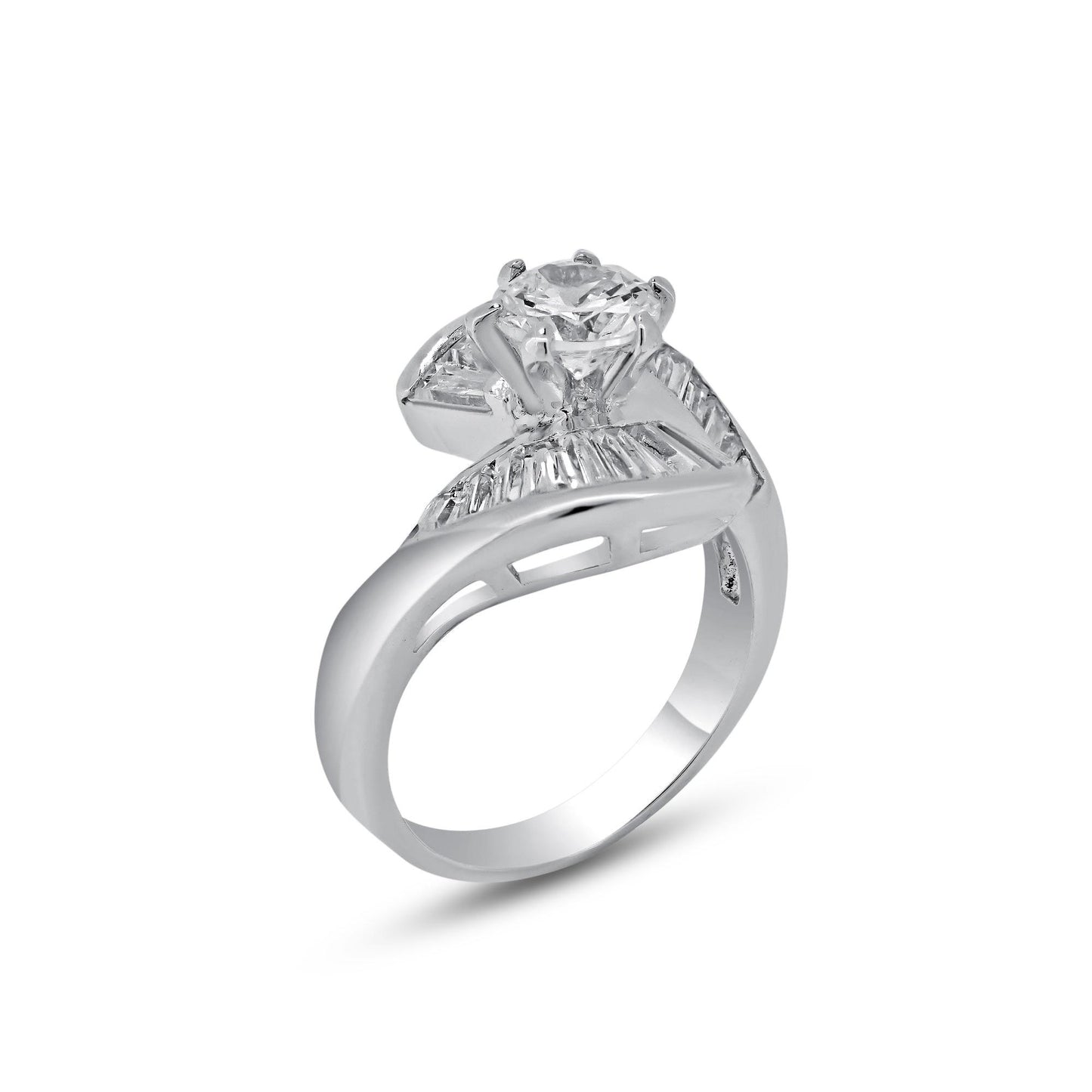 Rhodium Plated 925 Sterling Silver Clear Baguette CZ Wave Ring Band Sizes 5-9
